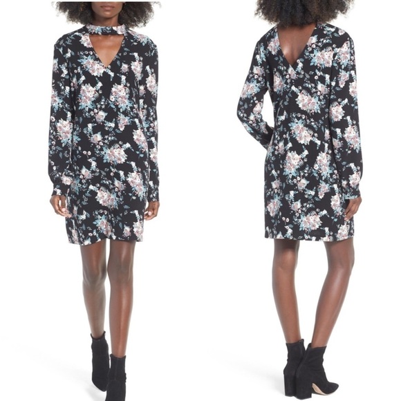 WAYF Boho Floral Black Choker Neckline Keyhole Long Sleeve Shift Dress - Picture 1 of 6